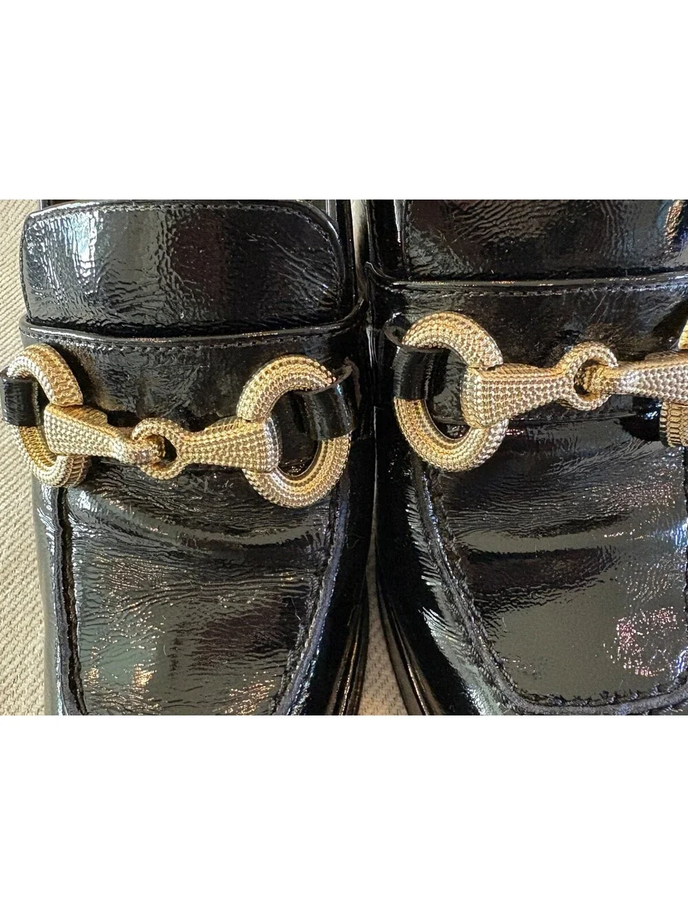 Sole Bliss Genevieve Black Patent Leather Heeled Horsebit Loafers Size 37 US 6